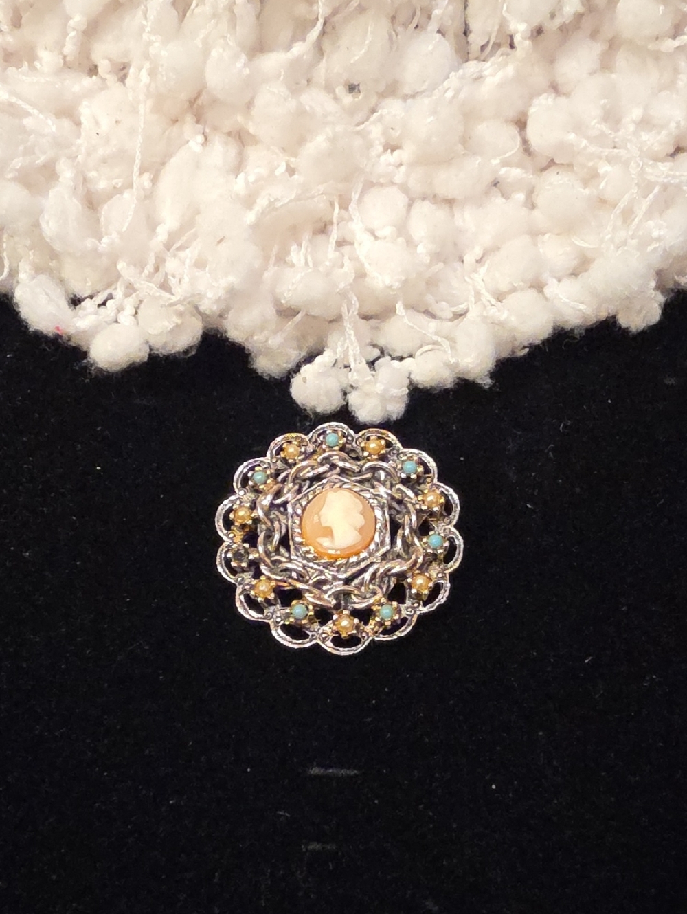 Vintage Goldette Victorian  Cameo Brooch in Gold, Silver and Turquoise Accents